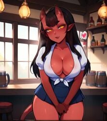 ai_generated cleavage dark_hair demon_girl demon_horns demon_tail freckles hands_between_legs jhonensteele large_breasts meru_(merunyaa) miniskirt pointy_ears red_skin tavern yellow_eyes