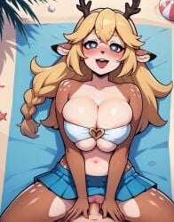 1girls ai_generated antlers beach blonde_hair blush cleavage deer deer_ears deer_girl furry jhonensteele large_breasts miniskirt missionary_position penis vaginal_penetration vaginal_sex