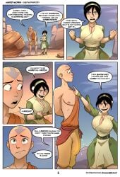 2d 2d_(artwork) aang aged_up avatar_the_last_airbender bald bald_man big_breasts big_penis chest cleavage comic emmabrave english_text female male nipples nipples_visible_through_clothing page_1 page_number penis_outline penis_visible_through_pants remake shortstack speech_bubbles sweat sweatdrops sweating tagme text toph_bei_fong