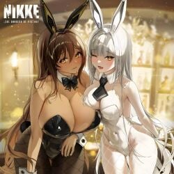 2girls blanc_(nikke) bunnysuit neenbeanmachine noir_(nikke) presenting_breasts