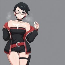 1:1 1girls :o ai_generated ai_hands belt big_breasts black_eyes black_hair boruto:_naruto_next_generations boruto:_two_blue_vortex breasts choker cum_on_body cum_on_face earrings female female_only glasses grey_background jacket naruto naruto_(series) one_eye_closed sarada_uchiha short_hair solo_female spiked_hair teenage_girl tubetop uchiha_symbol