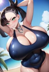 ai_generated big_breasts black_hair breasts breasts_bigger_than_head cleavage female game_freak gamefreak goth goth_girl huge_breasts hyper large_breasts light-skinned_female marnie_(pokemon) massive_breasts nintendo one-piece_swimsuit pokemon solo top_heavy top_heavy_breasts venus_body