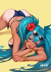 ass ass_focus ass_up bikini blue_eyes blue_hair brazil brazilian brazilian_female brazilian_miku female hatsune_miku swimsuit tan_body tan_skin tanline top-down_bottom-up twintails veloaoi vocaloid