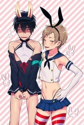 2boys animal_ears armwear blush blushing bunny bunny_ears covering_crotch crossdressing elbow_gloves embarrassed femboy flat_chest flat_chested girly gloves hand_on_hip human japanese kagerou_project kano_shuuya kano_shuya kisaragi_shintarou legwear light_skin male male_focus male_only mekakucity_actors navel panties pose posing sailor_uniform school_uniform seifuku short_dress short_skirt shounen_ai skirt straps striped_legwear thin_waist trap trap_on_trap uniform white_skin yaoi