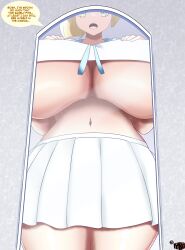 1girls big_breasts blonde_female blonde_hair blonde_hair_female breasts english english_dialogue english_text huge_boobs huge_breasts light-skinned_female light_skin lillie_(pokemon) mewmaster93 mirror nintendo pokemon talking_to_self underboob