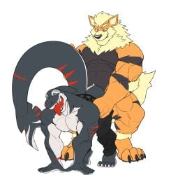 anal anal_sex anthro arcanine ass_up bent_over canid canine claws clothed clothing duo fish from_behind_position generation_1_pokemon hi_res holding_leg holding_thigh looking_back looking_down looking_pleasured male male/male mammal marine muscular nintendo open_mouth open_smile partially_clothed penetration pokemon pokemon_(species) raised_tail sex seyrmo shark smile standing tail tongue tongue_out underwear