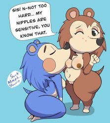 alonelyopossum animal_crossing anthro ass belly big_butt breast_play breast_suck breasts draggieposs duo eulipotyphlan female female/female genitals hedgehog hi_res incest_(lore) mabel_able mammal nintendo nipple_fetish nipple_play nipple_suck nipples pussy rodent sable_able short_stack sibling_(lore) sister_(lore) sisters_(lore) speech_bubble sucking