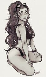 1girls breasts cleavage elf female female_only iahfy looking_at_viewer monochrome solo