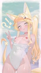 1girl 1girls animal_ear_fluff animal_ears ass_visible_through_thighs blonde_hair blue_archive blush breasts cameltoe clothes_pull covered_navel female fox_ears fox_girl fox_tail hair_ornament long_hair neurotic_neko oerba_yun_fang one-piece_swimsuit one-piece_swimsuit_pull open_mouth outdoors pasties school_swimsuit seia_(blue_archive) seia_(swimsuit)_(blue_archive) side_ponytail small_breasts solo swimsuit tail tan tanlines thighs v visor_cap white_one-piece_swimsuit