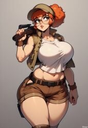 1girls 20th_century_fox 20th_century_studios ai_generated big_breasts breasts civitai family_guy fio_germi glasses hips jossyless_(ai) metal_slug orange_hair patty_patterson ponytail thighs weapon_over_shoulder