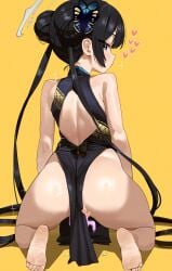 absurdres ass back back_cutout bare_legs barefoot black_dress black_hair blue_archive butterfly_hair_ornament censored clothing_cutout dildo dildo_riding double_bun dress feipin_zhanshi female from_behind grey_eyes grey_halo hair_bun hair_ornament halo haniwa_(statue) heart heart_censor highres implied_masturbation kisaki_(blue_archive) long_hair looking_at_viewer looking_back pelvic_curtain sex_toy soles solo thighs twintails very_long_hair wide_hips yellow_background