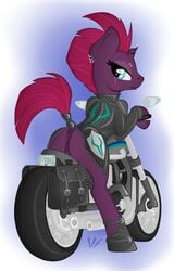 2019 absurd_res anus ass broken_horn cigarette clothed clothing dock equid female feral fizzlepop_berrytwist_(mlp) hair hi_res horn looking_at_viewer looking_back mammal motorcycle my_little_pony my_little_pony_the_movie piercing presenting pussy smoking solo tail_wraps tempest_shadow_(mlp) unicorn vehicle virenth wraps