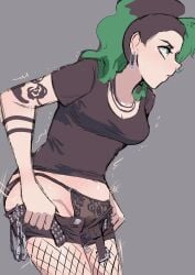 1girls arm_tattoo belt belt_unbuckled biku black_panties black_shirt breasts cleavage clothes_pull female fishnets green_eyes green_haired_girl_(biku) grey_background have_to_pee need_to_pee open_fly original original_character panties pulling_own_clothes short_hair shorts shorts_pull simple_background solo solo_female solo_focus sweat tattoo two-tone_hair two_tone_hair unbuckled_belt underwear