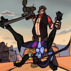 1boy 1girls breasts_out clothed_sex crossover male/female maledom overwatch piledriver_position rifle shocked sniper_(team_fortress_2) straight surprised team_fortress_2 vaginal_penetration widowmaker