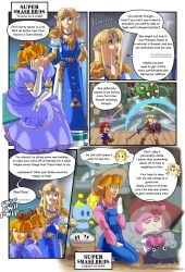 blonde_hair brittany_(pikmin) chao_(sonic) comic crossover dialogue elf elf_ears english_text femboy fieryjinx link link_(breath_of_the_wild) long_ears mario_(series) pikmin pointy_ears princess_peach princess_peach_(cosplay) princess_zelda rock_pikmin speech_bubble sulking super_smash_bros. text zelda_(a_link_between_worlds) zelda_(breath_of_the_wild)