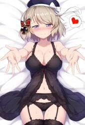 ai_generated azur_lane black_legwear black_lingerie black_negligee blonde_hair embarrassed full_face_blush heart heavy_blush on_bed purple_eyes reaching reaching_towards_viewer short_hair wholesome z23_(azur_lane)