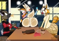 1boy 3girls against_glass against_surface aggressive_retsuko angry angry_face anthro ass ass_against_glass bare_ass big_ass bubble_butt clothing dat_ass drunk fat_ass female fenneko haida huge_ass large_ass laugh laughing male mooning rampageguy retsuko spitting surprised tail thick_ass thick_thighs tsunoda wide_hips