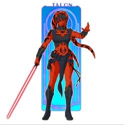 alien animification belt boots clothing colored_skin darth_talon energy_sword female footwear full-body_tattoo holding holding_object holding_weapon leadjockey lightsaber looking_at_viewer midriff muscle navel orange_skin red_hair red_skin sith solo standing star_wars sword tagme tattoo twi'lek weapon