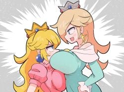 2girls asymmetrical_docking between_breasts blonde_hair blue_dress blue_eyes blush breast_contest breast_press breasts crown dress earrings face_between_breasts glaring head_between_breasts highres huge_breasts jewelry kurachi_mizuki large_breasts mario_(series) mini_crown multiple_girls nintendo pink_dress princess princess_peach princess_rosalina royalty smile sphere_earrings star_(symbol) star_earrings