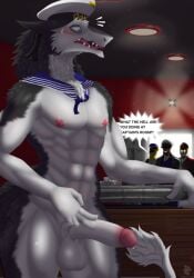 anthro balls blue_eyes clothed clothing english_text furniture genitals human humanoid hybrid inside johnn_lima male mammal multicolored_body muscular penis scharnhorst-gustaff_(johnn_lima) sergal shaded solo solo_focus submarine surprised_expression table teeth text throbbing throbbing_penis tongue two_tone_body vehicle watercraft world_war_2