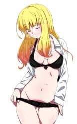 black_bra black_panties blazblue blonde_hair closed_eyes clothes_pull glasses hi_res highres kaname_nagi medium_breasts navel open_clothes open_shirt panty_pull pulling_own_clothes solo trinity_glassfield underwear