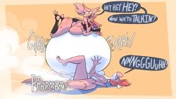 2boys angel_dust_(hazbin_hotel) anthro belly_expansion big_ass busty_boy cumming dialogue fart farting furry hazbin_hotel hyper_belly inflation male oc penis shark tagme therealvodyanoy