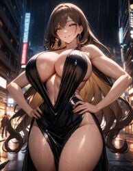 ai_generated bare_arms bare_legs bare_shoulders big_breasts black_dress breasts child_bearing_hips city curvy curvy_body curvy_female curvy_figure curvy_hips dress fit_female hand_on_hip huge_breasts large_areolae large_breasts long_hair looking_at_viewer mature mature_female mommy navel night no_bra no_panties original_character raindrops raining sideboob slingshot smile smiling_at_viewer starlightnex street taller_girl thick thick_hips thick_legs thick_thighs voluptuous voluptuous_female wet wet_body wet_clothing wet_skin wide_hips yellow_eyes