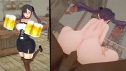 1boy 1girls 3d anal anus arenx3d ass ass_focus beer big_ass big_breasts big_butt big_penis dark-skinned_male female female_focus focus focus_on_ass genshin_impact koikatsu male/female mona_(genshin_impact) penetration ponytail sex tagme tavern_wench twintails two_panel_image video