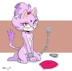 anthro blaze_the_cat bondage bondage bound breasts chains cuffs_(disambiguation) domestic_cat felid feline felis female hi_res kneeling looking_at_viewer mammal nipples nude pillow prisoner pussy qrog shackles small_breasts solo sonic_(series)