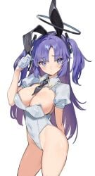 ass_visible_through_thighs bare_arms bare_legs bare_thighs belly_button_visible_through_clothing big_breasts blue_archive blue_eyes blush breasts bunny_ears bunnysuit cleavage closed_mouth gloves halo leotard long_hair nonco purple_hair shiny_skin sweatdrop thighs twintails white_gloves white_leotard yuuka_(blue_archive)