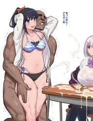 1boy 2girls absurdres arms_behind_head bikini black_hair black_pantyhose blank_stare blue_eyes bow bowtie breasts cardigan clothed_female_nude_male commentary_request cum cum_on_body cum_on_desk cum_on_food cum_on_hair desk ejaculation facial gridman_universe highleg highleg_bikini highres jacket large_breasts long_hair long_sleeves medium_breasts multiple_girls navel nim_r18 nude off_shoulder official_alternate_costume official_alternate_hairstyle open_cardigan open_clothes orange_scrunchie pantyhose penis ponytail purple_bow purple_bowtie purple_hair purple_jacket red_eyes school_desk school_uniform scrunchie shinjou_akane shirt short_hair side-tie_bikini_bottom ssss.gridman straight sweat swimsuit takarada_rikka thigh_grab thigh_sex thighs translation_request white_background white_cardigan white_shirt