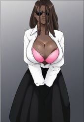 1girls ai_generated bunanza_ cowboy_shot curvy_figure curvycurvy dark-skinned_female dreadlocks freckles_on_breasts hourglass_figure huge_brehuge lace-trimmed_bra pink_bra posing_for_the_viewer shirt solo tagme unbuttoned_shirt white_shirt