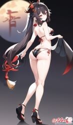 ai_generated bikini cute from_behind hu_tao_(genshin_impact) looking_at_viewer small_ass small_breasts standing thighs twintails