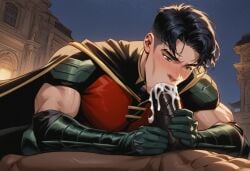 2boys 2males ai_generated bara batman_(series) black_hair black_hair_male blowjob boner clothed cock cum_in_mouth dc dc_comics dick erect_penis erection gay handjob male male_focus male_only males males_only masturbation oral_sex penis robin_(dc) robin_(tim_drake) spandex superhero superherosuckerrr tim_drake yaoi