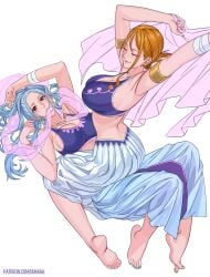 2girls arms_up barefoot big_breasts blue_hair bra closed_eyes feet female female_only harem_outfit kneeling long_hair looking_at_viewer lying_on_back nami nami_(one_piece) nefertari_vivi on_top on_top_of_another one_piece orange_hair post-timeskip removing_shirt skirt soles spread_legs teenager tied_hair undressing uukkaa yuri