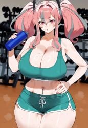 ai_generated azur_lane breasts_bigger_than_head bremerton_(azur_lane) cleavage creamy_ai curvy gym gym_shorts huge_breasts long_hair midriff navel navel_piercing pink_eyes pink_hair short_shorts shorts sports_bra thick_thighs wide_hips