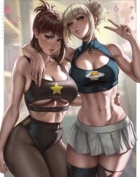 2girls arm_around_shoulder bandaid black_buruma black_sports_bra blonde_hair blue_crop_top breasts brown_eyes brown_hair buruma crop_top dandon_fuga hair_bun hand_on_hip large_breasts looking_at_viewer midriff miniskirt my_hero_academia navel pantyhose ponytail skirt sports_bra sportswear thighhighs toga_himiko torn_thighhighs uraraka_ochako v white_skirt yellow_eyes