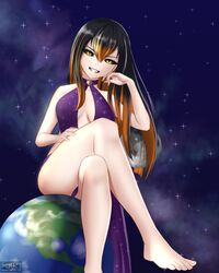 1girls barefoot black_hair black_hole black_sclera breasts cameltoe clothed crossed_legs dress earth feet female female_only hair_between_eyes halterneck jay156 large_breasts long_hair m87_black_hole macro medium_breasts moon orange_hair personification planet purple_dress see-through sitting sitting_on_planet smile smug soles solo space stars toes two_tone_hair very_long_hair yellow_eyes