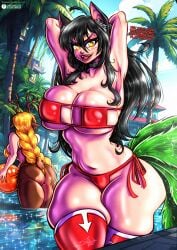 beach bikini black_hair blonde_hair bluewolfartista deer_girl deer_horns fox_ears fox_tail huge_breasts kitsune kumiho massive_breasts monster_girl scp-166 scp-953 scp-999 scp_containment_breach scp_foundation yellow_eyes