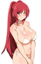 bikini breasts cleavage female female_only highres huge_breasts kousaka_tamaki large_breasts long_hair navel red_hair seihekiog shiny_skin simple_background smile solo string_bikini swimsuit to_heart_(series) to_heart_2 very_long_hair