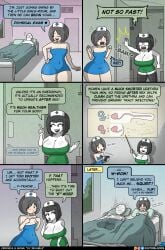 1boy 2girls after_sex big_breasts bob_cut broken_pelvis cleavage comic doctorloops funny humor imprint mona_(doctorloops) nurse text veronica_(doctorloops) veronica_and_mona