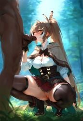 1boy 1girls ai_generated blowjob blush brown_hair cleavage cock_worship dark-skinned_male fellatio female forest hair_ornament hololive hololive_english hololive_english_-council- interracial large_penis mirham nanashi_mumei netorare no_panties ntr oral oral_sex ponytail pussy shy squatting tagme virtual_youtuber vtuber