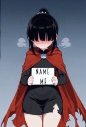 1boy 1femboy ai_generated black_hair blush cape femboy holding_object kikiyo_(soapiey) oc original_character sign soapiey solo tagme text torn_clothes