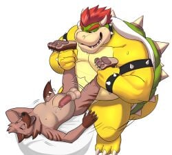 2boys anal anal_sex animal_genitalia animal_penis anthro balls belly bodily_fluids bowser canine_genitalia canine_penis duo furry furry_only gay gay_sex genital_fluids genitals half-erect hi_res hyena knot_in_sheath koopa leaking_precum legs_up lying male male/male mammal mario_(series) muscular nintendo on_back open_mouth open_smile pawpads penetration penis precum raised_leg scalie seyrmo sheath smile standing stomach_bulge yaoi