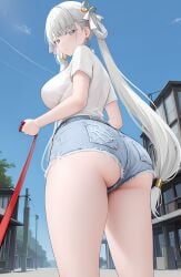 ai_generated alternate_costume ass ass_focus blush booty_shorts breasts denim denim_shorts female from_behind from_below green_eyes huge_ass jinhsi_(wuthering_waves) jinshi large_breasts leash long_hair looking_at_viewer looking_back looking_down shirt short_shorts shorts sideboob silver_hair solo very_long_hair wuthering_waves