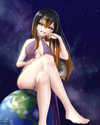 1girls areolae barefoot black_hair black_hole black_sclera breasts cameltoe clothed crossed_legs dress earth feet female female_only hair_between_eyes hairless_pussy halterneck jay156 large_breasts long_hair m87_black_hole macro medium_breasts moon nipples orange_hair personification planet purple_dress pussy see-through sitting sitting_on_planet smile smug soles solo space stars toes two_tone_hair very_long_hair yellow_eyes