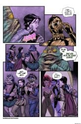 3girls blue_skin bodysuit braided_hair brown_eyes brown_hair c-3po cleavage comic enslaved_royal gammamon harem harem_girl harem_outfit hutt jabba's_palace jabba_the_hutt large_breasts lavender_skin licking locofuria long_hair lyn_me princess_leia_organa red_hair rystall_sant slave slave_outfit slavegirl speech_bubble spots star_wars theelin thug twi'lek