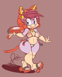 <3_eyes 1girls 2019 anthro breasts clothing collar condom curvaceous domestic_cat felid feline felis female footwear fur furry furry_only geta hat headgear headwear heart hi_res holding_condom holding_object japanese_clothing looking_at_viewer mammal mostly_nude nipples open_mouth pink_fur pizzacat polly_esther pussy samurai_pizza_cats shortstack simple_background solo tail thick_thighs tongue wide_hips