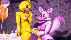 3d 4k animatronic aroused_female bedroom_eyes bird bird_girl disboi215 finger_in_mouth fingering_partner five_nights_at_freddy's five_nights_at_freddy's:_sister_location five_nights_at_freddy's_2 fnaf fox fox_ears fox_girl fox_tail highres lesbian_couple mangle_(fnaf) pink_body pink_nipples robot sfm sitting_on_table source_filmmaker toy_chica_(fnaf) white_body yellow_body yuri