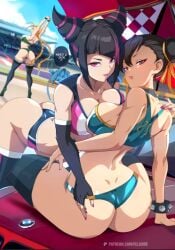 3girls ass ass_focus back back_view bare_arms bare_legs bare_shoulders bare_thighs big_ass big_breasts big_butt black_hair blush breast_press brown_eyes brown_hair cammy_white capcom chun-li clothed clothing color english_text felox08 female female_focus female_only fit_female hi_res juri_han large_breasts light-skinned_female light_skin long_hair looking_at_viewer muscles muscular muscular_female outdoors purple_eyes race_queen short_hair sitting solo_female street_fighter symmetrical_docking tagme text text_bubble thick_thighs